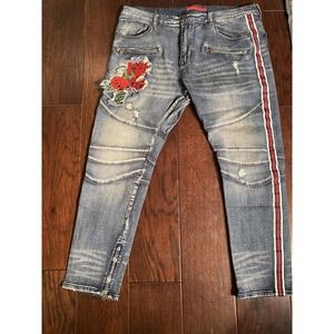 Kloud9 Mens Blue Leg Pocket Roses Distressed Denim Straight Jeans Sz 42/32 Biker